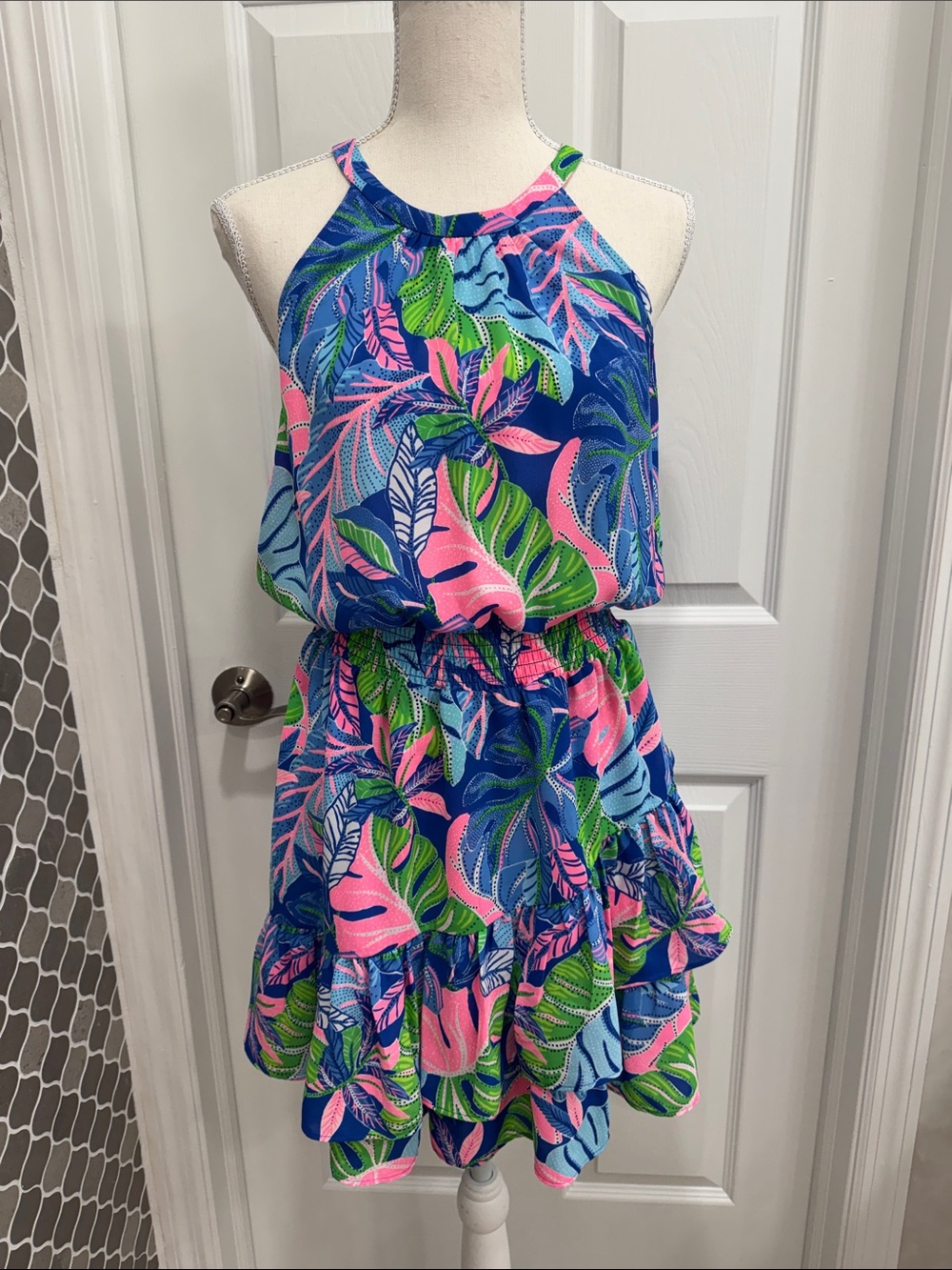 Lilly Pulitzer Blue Halter Sundress with Pink & Green Leaf Print